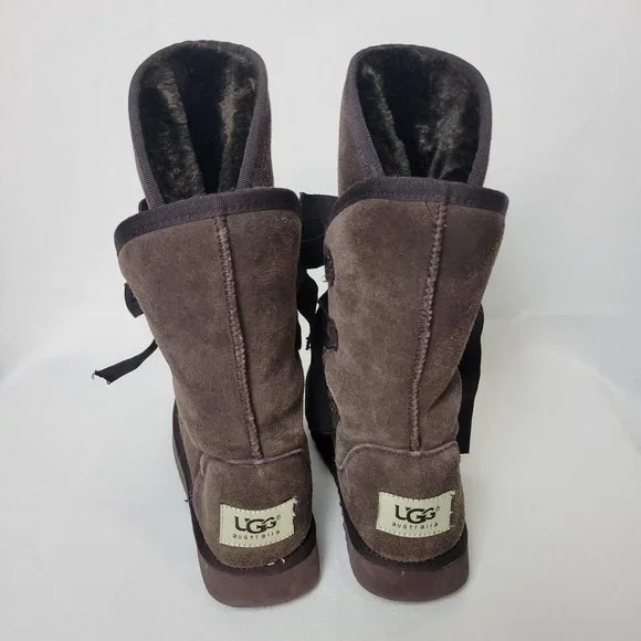 UGG Australia Brown Ribbon Lace Up Sheepskin Wool Boots Womens Size W7 - Picture 4 of 7